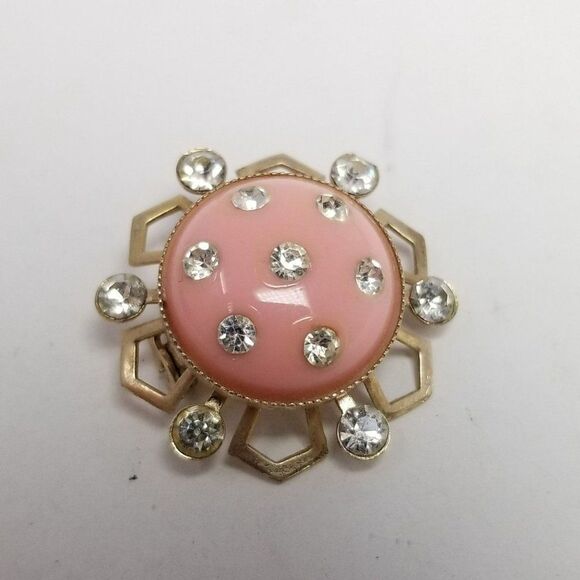 Vintage Jewelry - Vintage Pastel Pink Rhinestone Retro Brooch, Gold Tone Setting, Estate